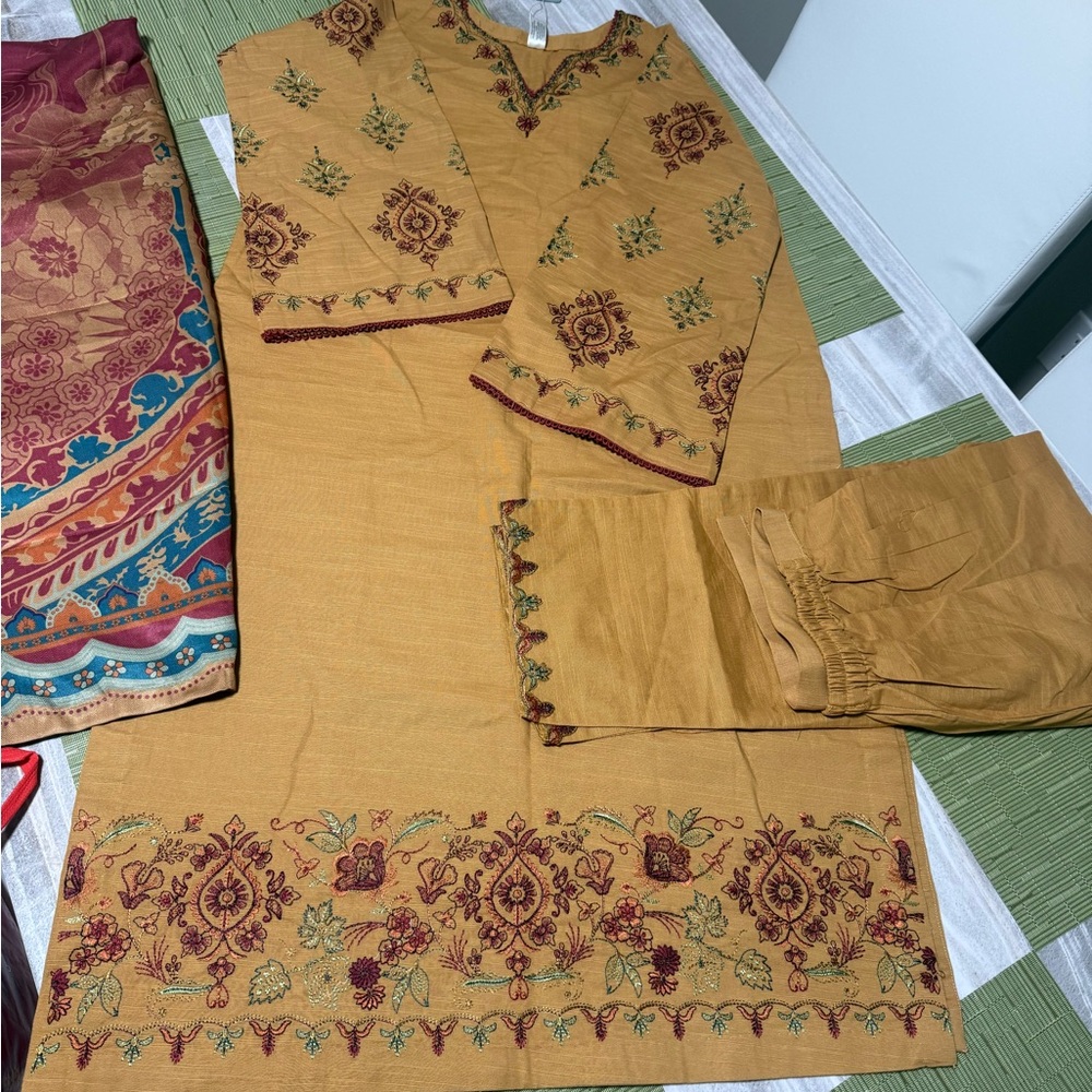 M&M'S Mustard Yellow Embroidered 3-Piece Women's Dress Set